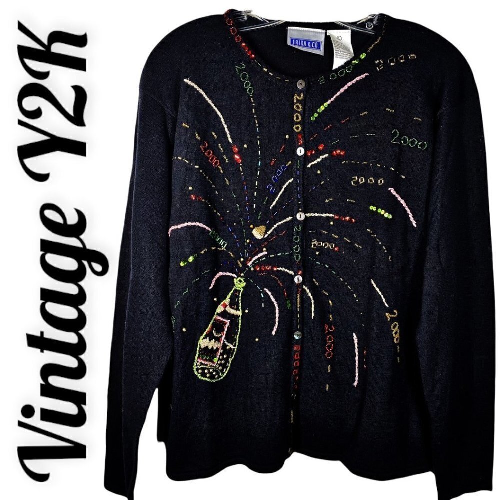 NWT VINTAGE Y2K NYE 2000 BEADED SEQUIN EMBELLISHED CARDIGAN SWEATER PARTY, LARGE